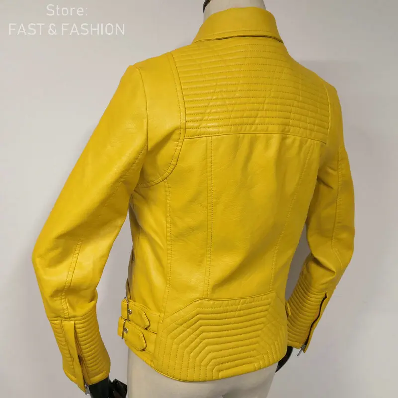 Новинка, модные женские повседневные Куртки из искусственной мягкой кожи, женские осенне-зимние пальто из искусственной кожи желтого цвета на молнии, мотоциклетная верхняя одежда