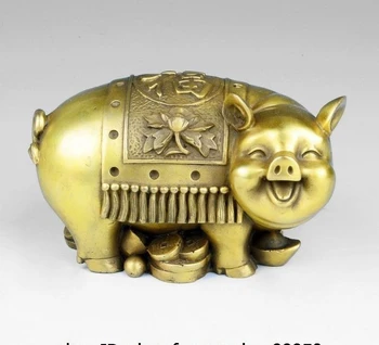 

Chinese Brass Copper Sculpture Zodiac Auspicious Yuanbao Wealth Money Pig Statue