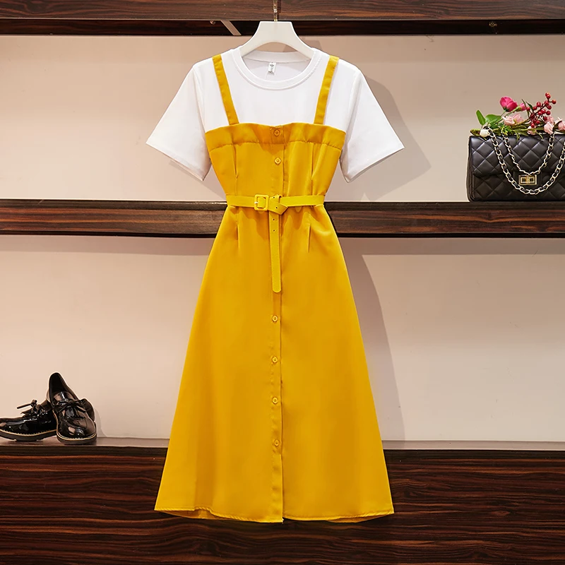 

L- 4XL Plus size Elegant Women Summer Short Sleeves White Patchwork Yellow A Line Dress With Belt Female Dresses Oversize N055