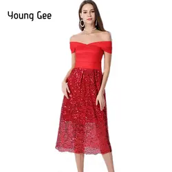 Молодой гы пикантные Slash шеи бинты блестящее платье с блестками Для женщин новые летние вечерние красный бежевый черный хорошо тянется