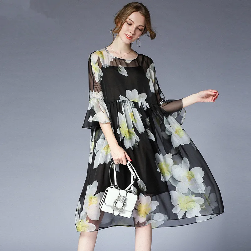 PlusSizeDress XL 4XL Flare Three Quarter Sleeve Ladies Chiffon Floral ...