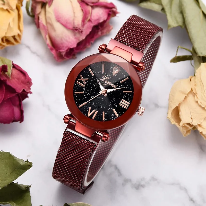 

Women Alloy Mesh Strap Quartz Watch Star Sky Dial Magnetic Buckle Wristwatch TC21