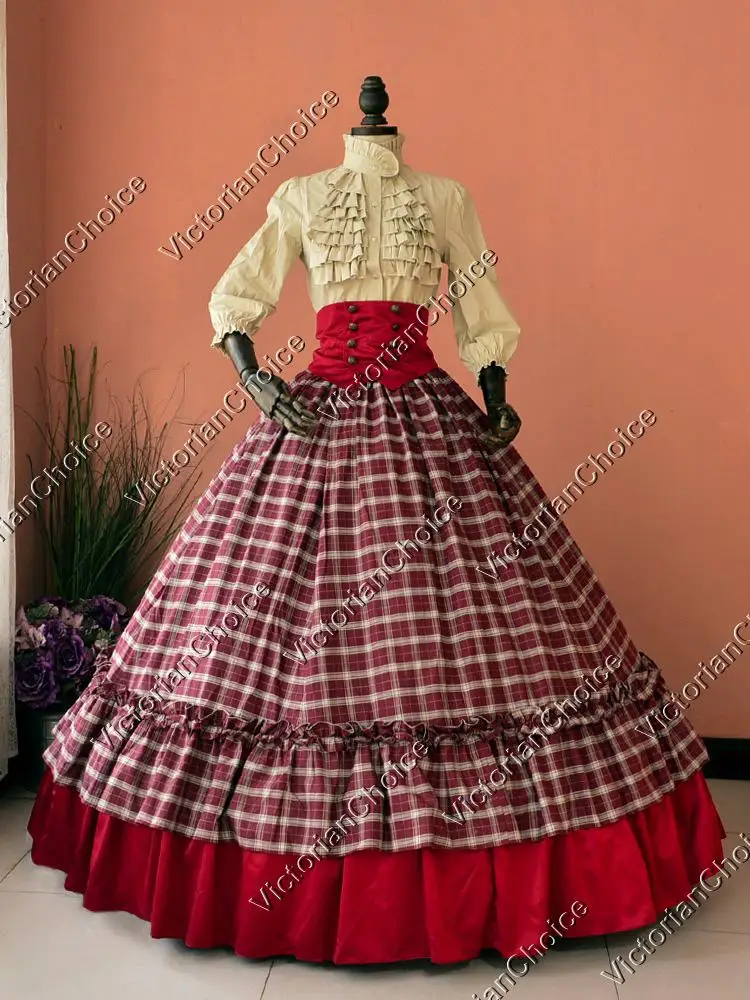Victorian Dickens Plaid Southern Gown Dress Reenactment Theater Clothing K001