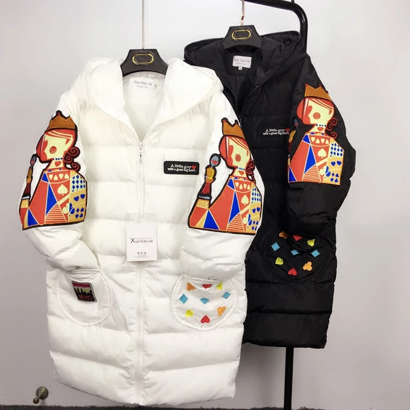 Winter Woman Cotton padded Coat Personality Poker Queen Cartoon Embroidery Cotton Down Jacket Thick Female Wadded