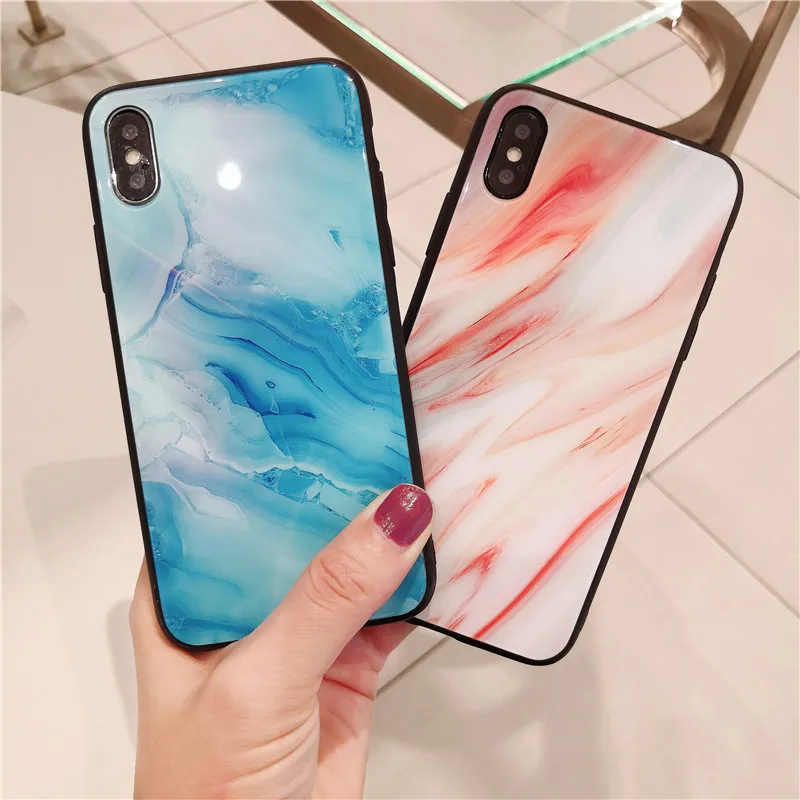 Tzomsze Luxury Marble Veins Phone Case For iPhone X Xs Xsmax XR 6S 6 7 8 Plus Cases Glass Silicone soft edge Cover |