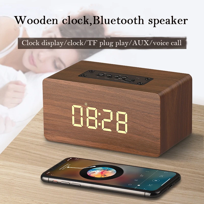 Сенсорные часы деревянный Bluetooth динамик портативный сабвуфер Музыка FM bluetooth аудио деревянный приемник беспроводной звонок