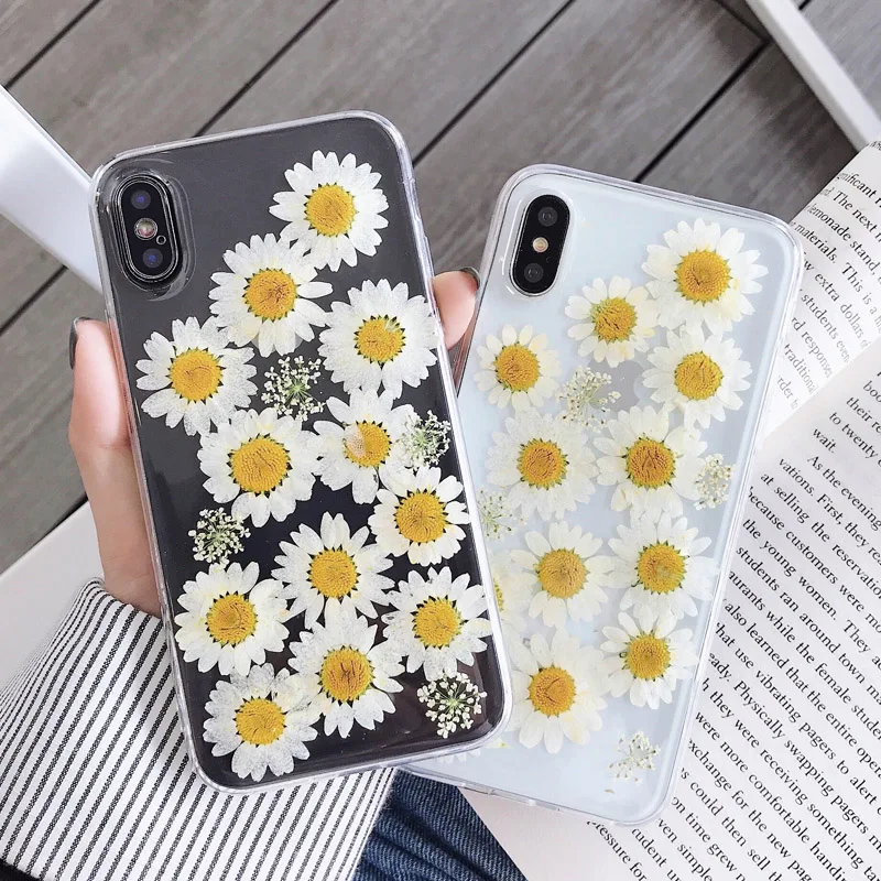 

For Samsung Note 8 9 S10 E S9 S8 Plus Dried Real Daisy Flower Clear TPU Soft Case Cover For iPhone Xs Max Xr X 8 7 6s 6 Plus