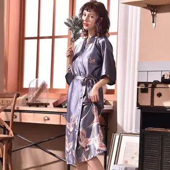 

X Long Crane Print Size XL Sleep Lounge Nightgowns & Sleepshirt Sleepwear Night Dress Nightwear Women Sexy Loose Indoor Dress