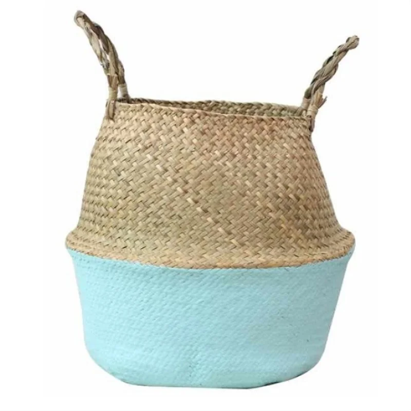 Garden Plant Flower Pot Handmade Rattan Storage Basket Foldable Seagrass Straw Hanging Woven Handle Toy Storage Container 1Pc
