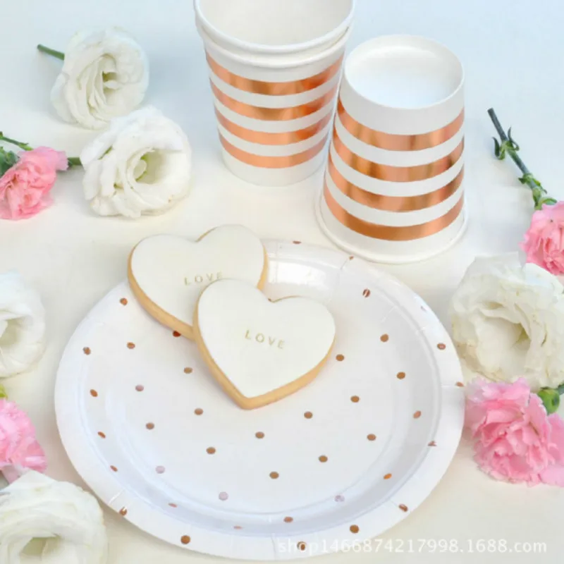 

Rose Gold Disposable Tableware Sets Party Cup Plate Nakpins Straw Party Tableware for Wedding Decor Birthday Party Supplies