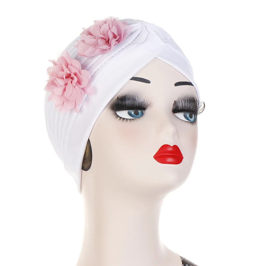 Hat Muslim Women Two Flower India Hat Muslim Ruffle Cancer Chemo Beanie Turban Muslim Head Scarf Wrap Cap c0411