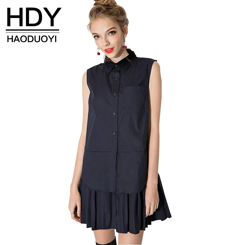 HDY Haoduoyi 2017 Summer Fashion Women Preppy Style Mini Dress Pleated Insert Turn Down Collar Sleeveless