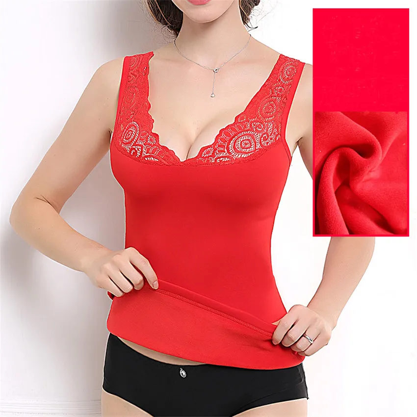 Autumn Winter Slim Lace Patchwork Camisoles Warm Thickening Women Vest Bottoming Shapewear Sexy Velvet Sleeveless Tanks Mw024