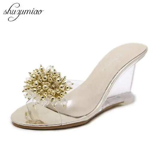 

Women Shoes Summer 2017 High Quality Sexy rystal Transparent Diamond Wedges Sandals High heels 8.5cm Slope Sandals Female 4 Styp