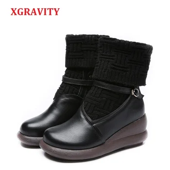 

XGRAVITY 2019 Warm Ankle Short Women Boots Elegant Genuine Leather Vintage Lady Fashion Boots Vintage Ethnic Ladies Shoes A055
