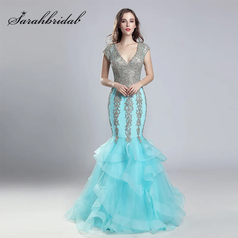 

Sexy Illusion Long Lace Appliques Mermaid Evening Dresses Tulle V-Neck Cap Sleeve with Ruffles Skirt Prom Party Gowns OL556