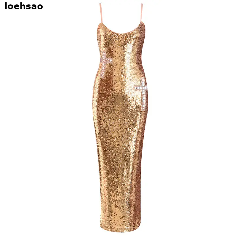 

New hot sexy celebrity evening party dresses gold spaghetti strap womens long bodycon dress club sequined maxi dresses vestidos
