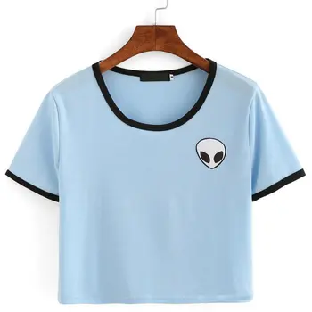 Women Hipster Harajuku Cute Stripe Short Sleeve Cotton Tshirts Crop Top Tee Alien Embroidery T Shirt