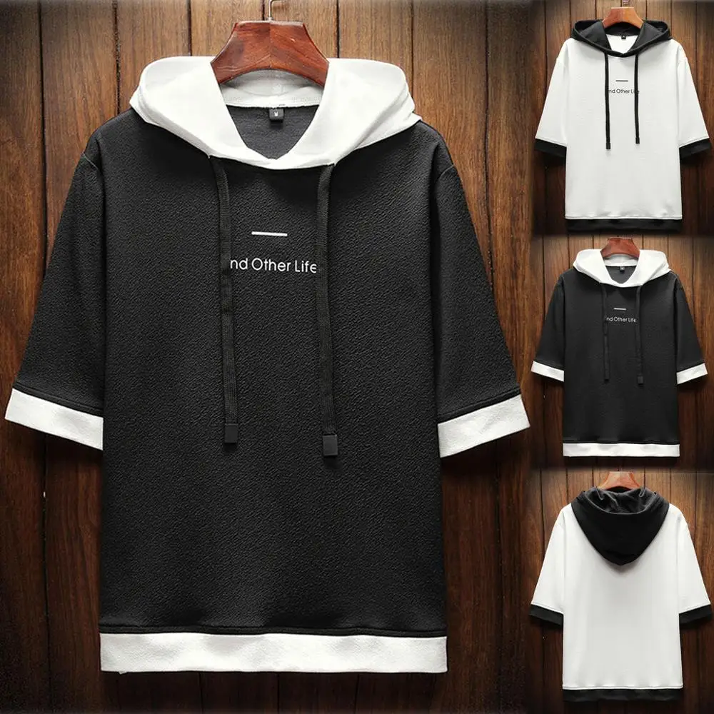 

Men's Summer Fashion Printing Color Collision Hoodie Short Sleeves Tops Hip hop Street breathable loose Homme shirt