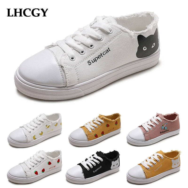 

Women Sneakers Casual Shoes White Canvas Shoes Banana Lace Up Woman Flats Cat Vulcanize Shoes strawberry zapatos mujer 7591