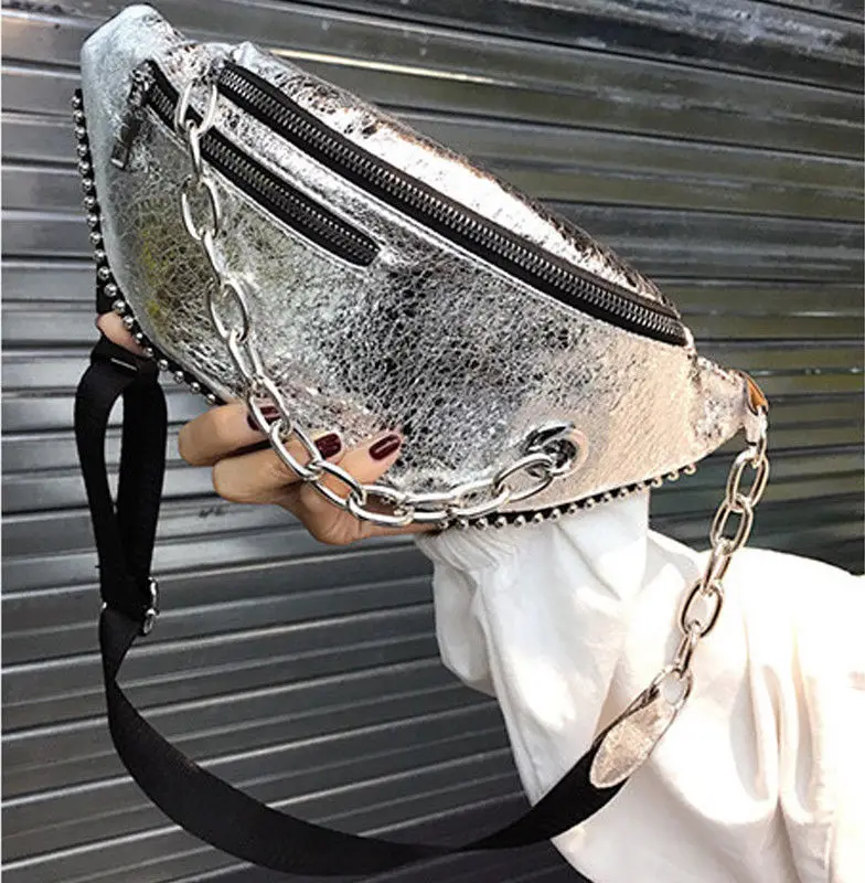 Новая поясная сумка в стиле хип-хоп Рок, модная Женская поясная сумка из искусственной кожи, трендовая нагрудная сумка с цепью - Цвет: Серебристый