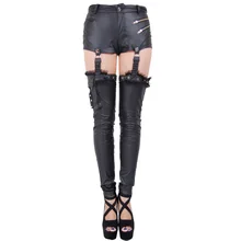 Devil Fashion Vintage Gothic Detachable Women Black Faux Leather Pants with Skull Pocket Garter Belt Suspender Female Trousers