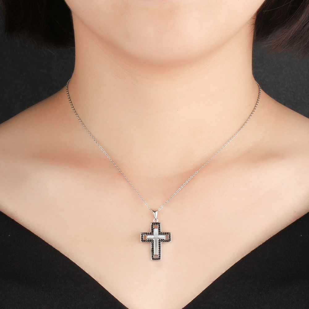 925 Silver Necklace Female For Women Cross Pearl Oysters Pendants Cubic Zirconia Jewelry Christian (Jewelora NE102575)