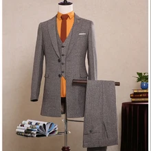NA05 Подгонянный горячий серый твидовый длинный пиджак в елочку блейзер мужской костюм(пальто+ брюки+ жилет) приталенный костюм для мужчин