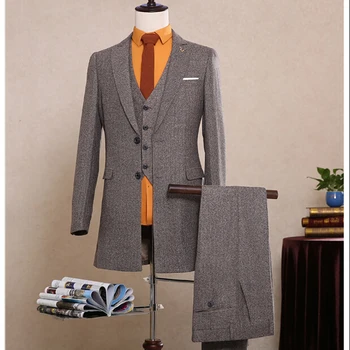 

NA05 Customized 2018 Hot Grey Tweed Herringbone Long Jacket Blazer Man Suit ( Coat+Pants+Vest) Tailored Slim Fit Suits For Men