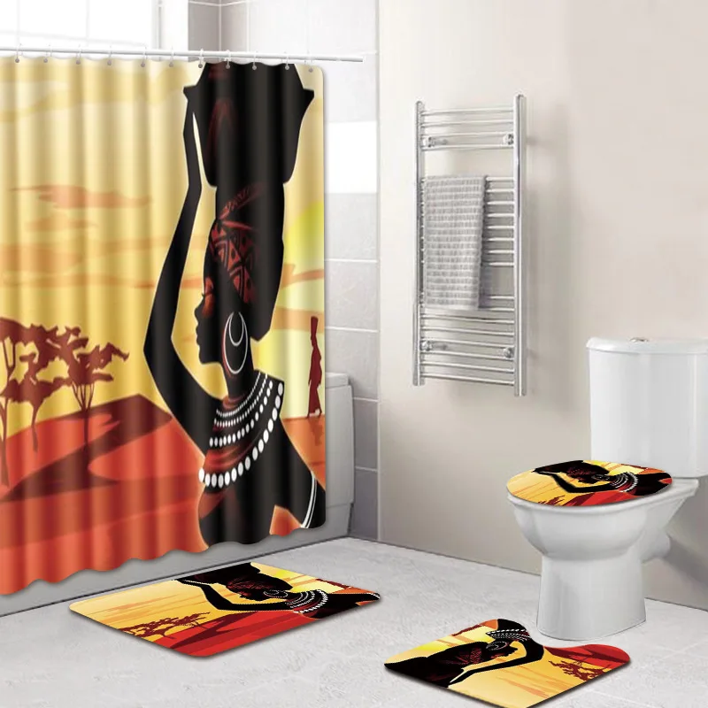 Shower Curtain Bathing Bath Mat Lid Toilet Cover Rugs Set Decor African Style 