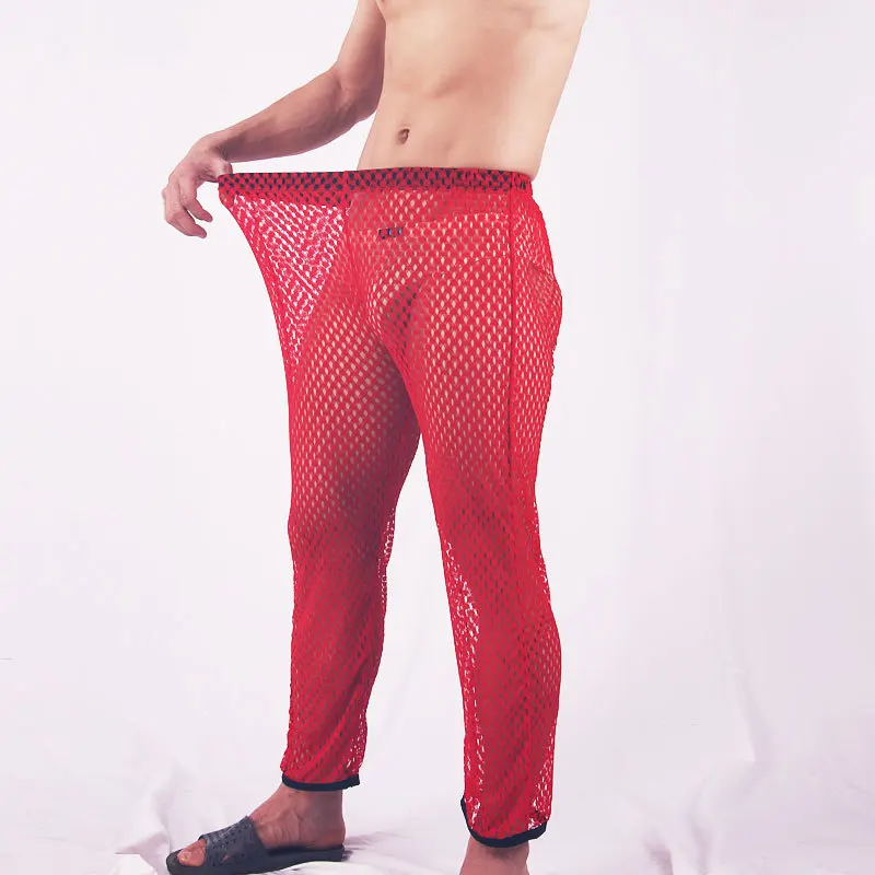 Сетчатые мужские сексуальные прозрачные брюки в сеточку, домашние штаны для отдыха, веселые мужские длинные пижамные штаны, удобные штаны для сна