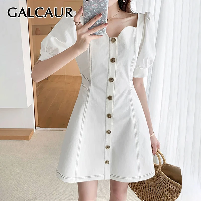 

GALCAUR Elegant Large Size Dess For Women Square Collar Puff Sleeve High Waist Solid Mini Dresses Female 2019 Fashion Summer New