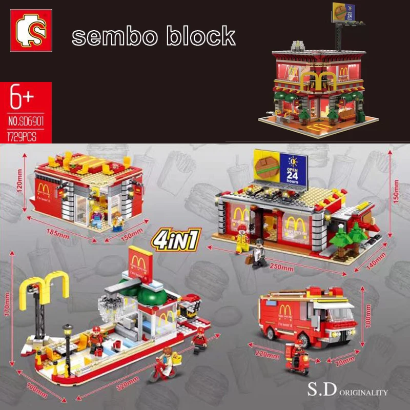 

4in1 Mcdonaldd Streetscape series USB lighting Building Blocks Bricks Compatible with legoinset Model toys Sembo SD6901