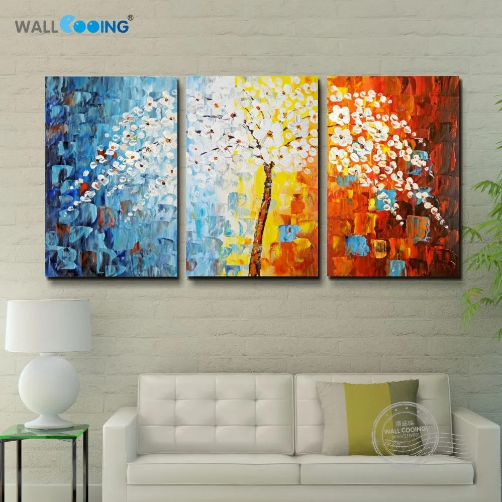 3 panel 100 hand painted canvas painting fortune tree oil paintings