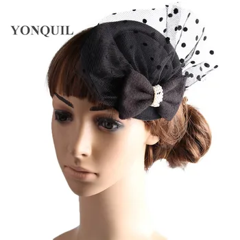 

2018 Ladies black fascinators top hats bow accessories vogue hair clips wedding hats with dot mesh decor for party cocktail