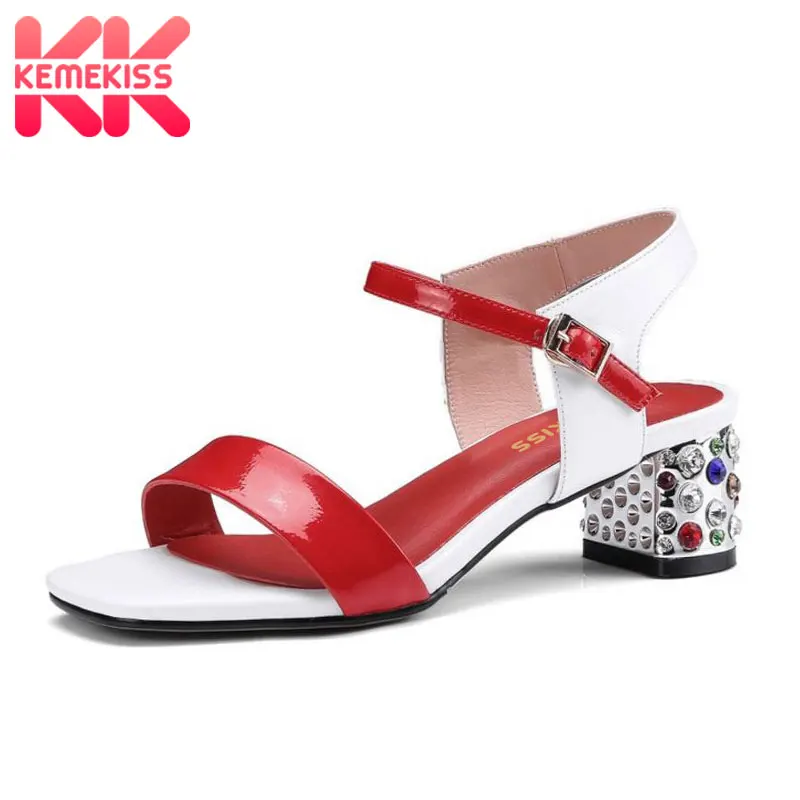 

KemeKiss Women High Heel Sandals Genuine Leather Buckle Thick Heel Mixed Color Elegant Sandals Party Office Footwear Size 33-42