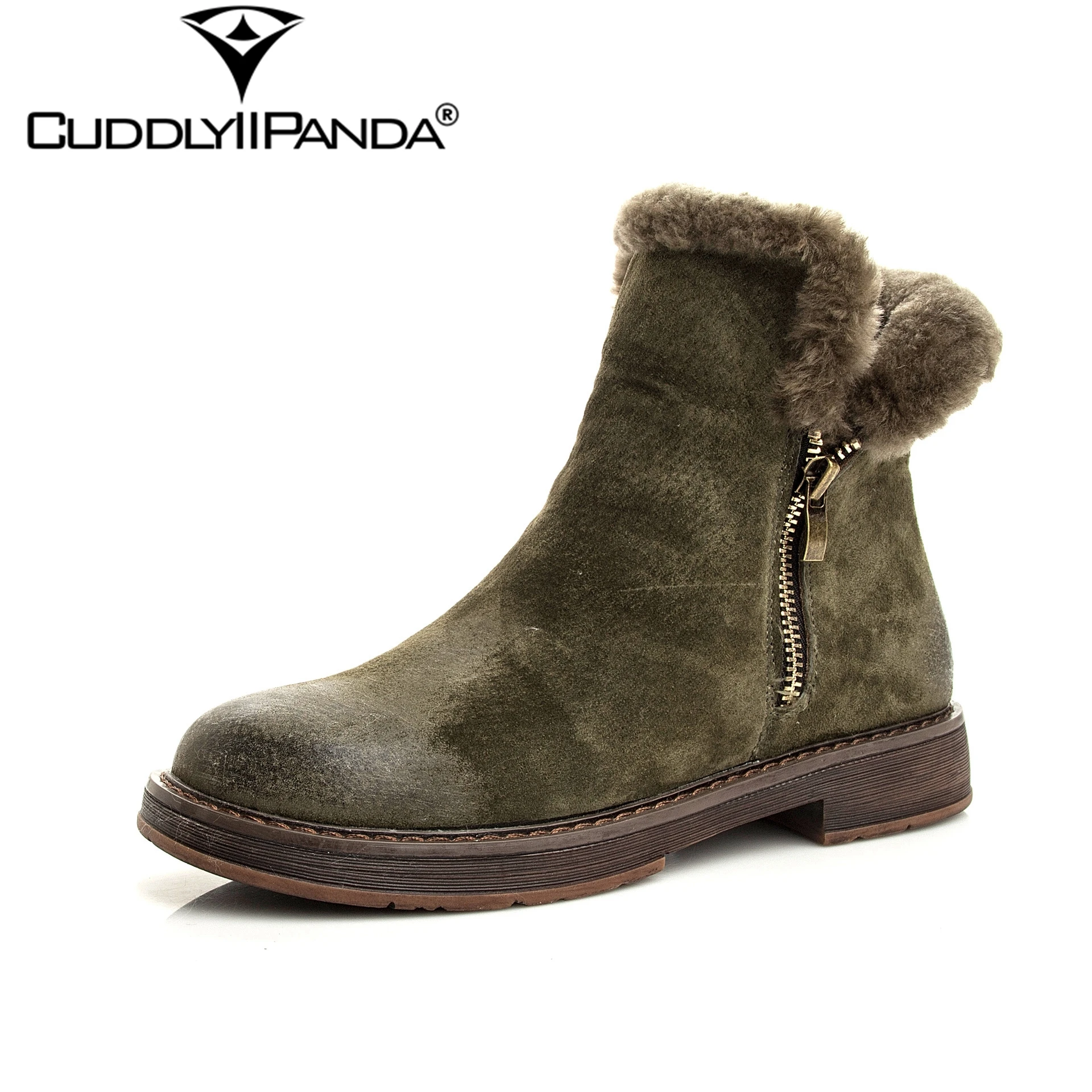 

CuddlyIIPanda 2018 New Thickened 100% Wool Winter Boots Double Zipper Women Snow Boots Pigskin Martin Boots Green Chelsea Boots