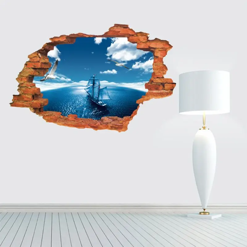 

3D Blue Sky Sea Steamship Stickers Decorative Creative Removable Wall Stickers Boat Sailing Sea Design 3D Stickers