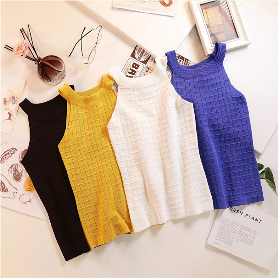 

Summer Women Knitted Tank Tops Sexy Club Korean Self Cultivation Solid Fungus Edge Knitted Sweater Tops sleeveless Casual Tops