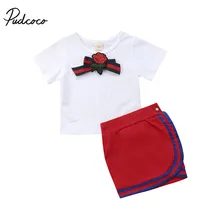 Детская футболка принцессы с галстуком-бабочкой и цветочным принтом для маленьких девочек красные короткие юбки в полоску комплект из 2 предметов, Модная хлопковая уличная одежда, От 1 до 5 лет
