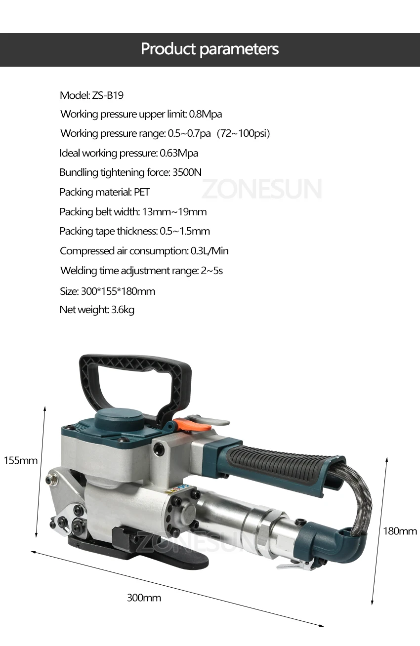 ZONESUN Pneumatic Friction Welding Baler Strapping Machine Air PET Banding Machine Tool For 13-19mm Width PET Straps