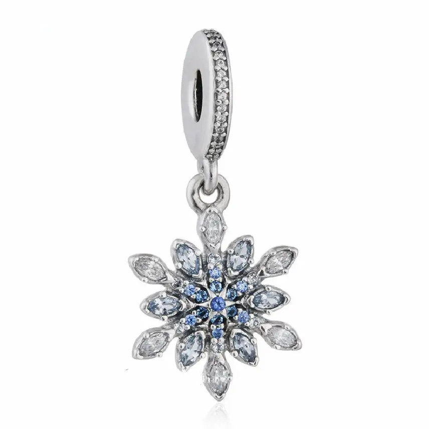 

Fit Pandora Bracelet Clear CZ & Blue Crystal Christmas Snowflake Dangle Charms Authentic 100% 925 Sterling Silver Fine Jewelry