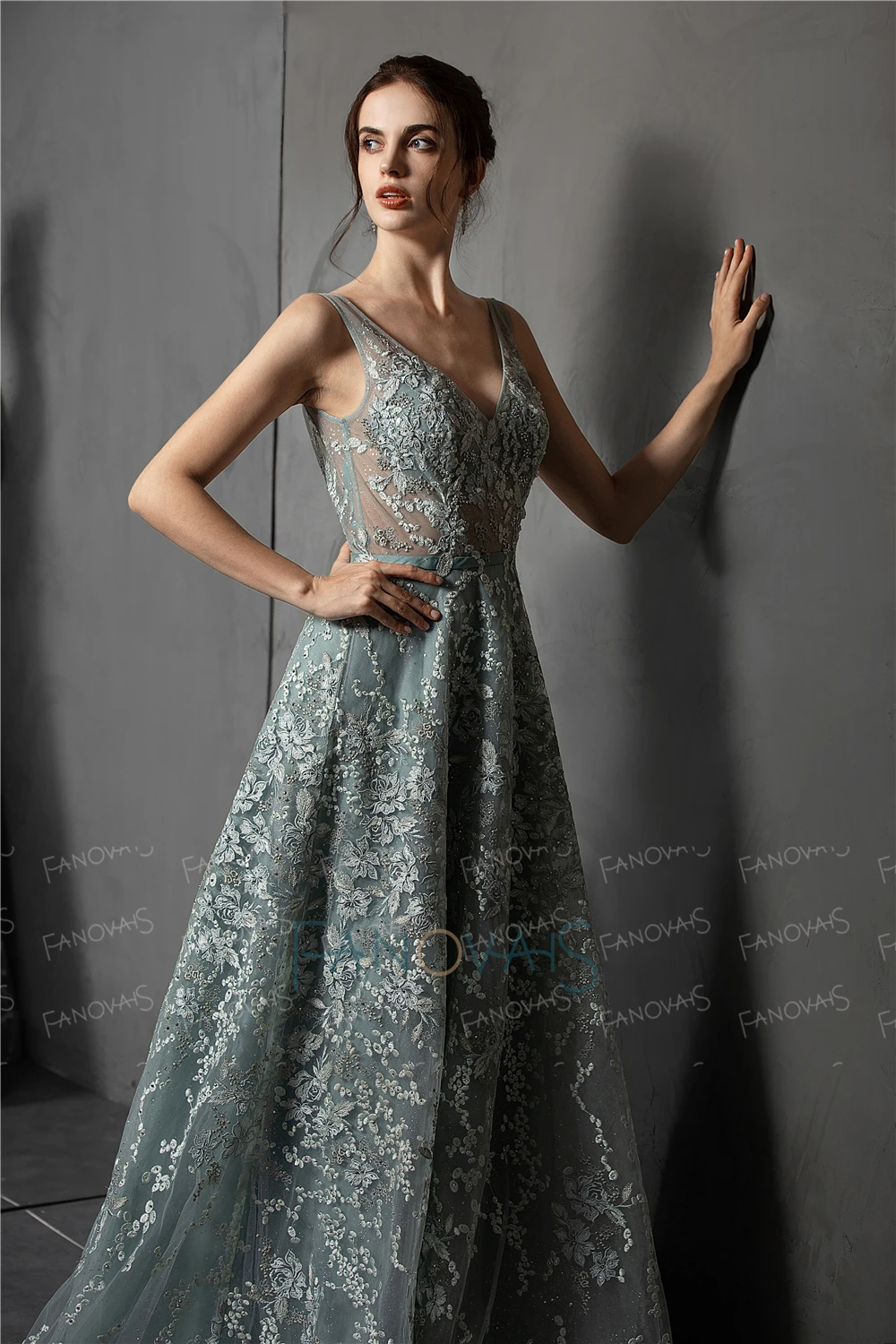 Роскошное вечернее платье А-силуэт кружево Формальное вечернее платье v-образным вырезом аппликация Тюль, расшитый кристаллами и бисером вечерние платья Robe de Soiree NE73