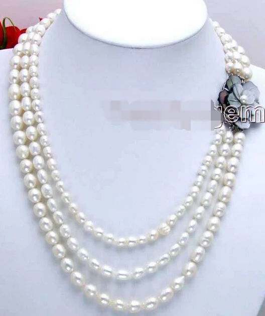 

Hot sale Free Shipping>>>>>SALE 7-9MM Rice WHITE natural PEARL 3 Strands NECKLACE & SHELL FLOWE Clasp-