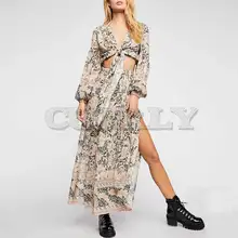 Cuerly 2019 Summer Floral Print 2 piece set tied V-neck dresses slit sides elastic waist boho dress chic beach dress for women fashionable fitted slit v neck ini dress for women