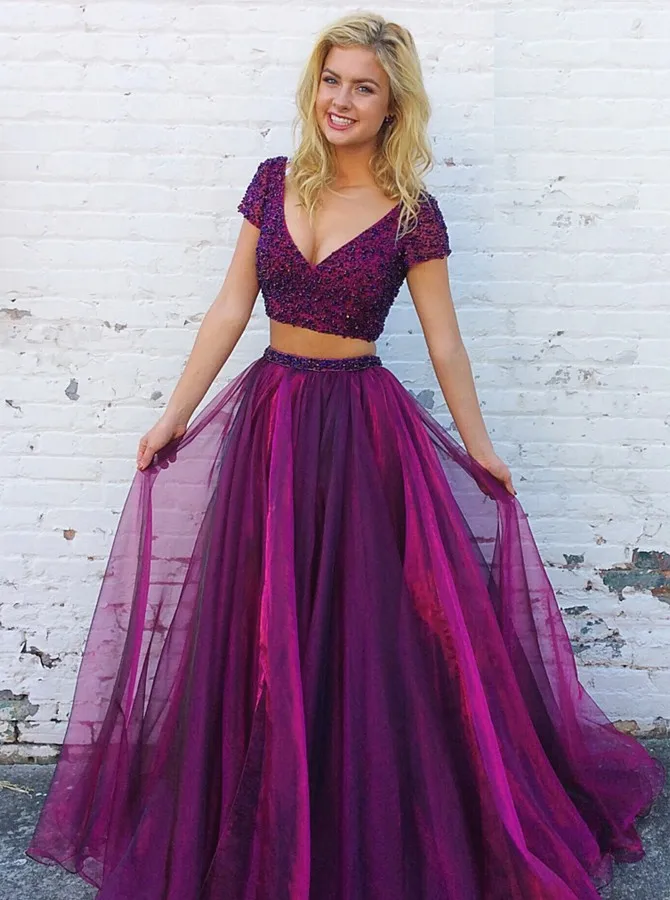 New Listed Two Piece V,Neck Short Sleeves Purple Graduation Prom Dresses Long vestido de festa Tulle Prom Dress with Beading