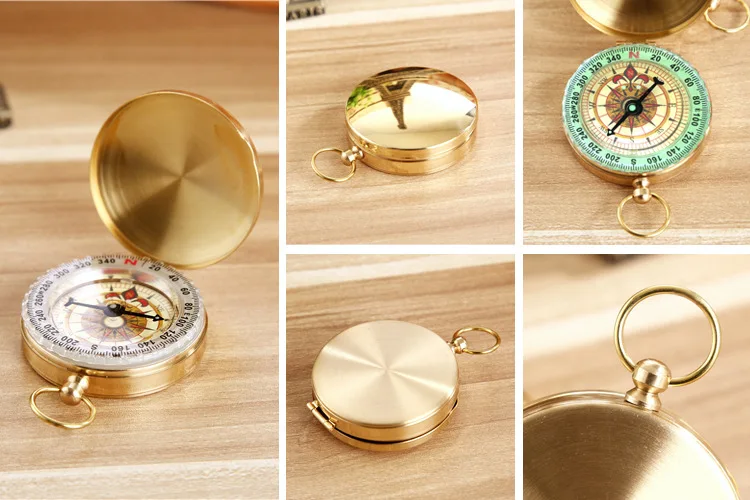 Outdoor Camping Hiking Multi-function Portable Pocket Brass Gold Color Copper Compass Navigation with Noctilucence Display-7