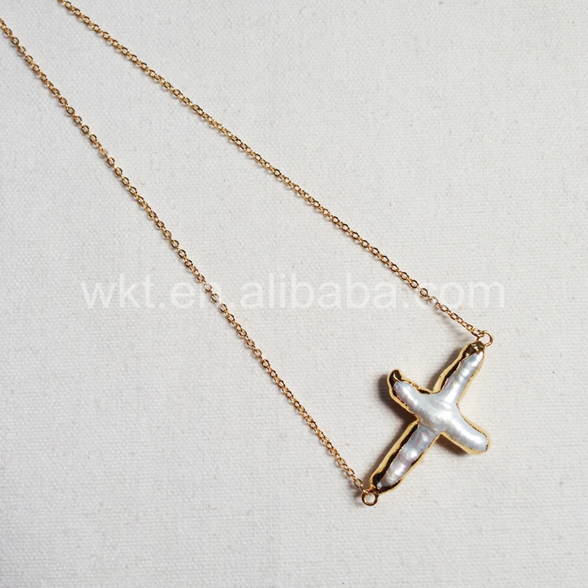 

WT-N659 Charm Pearl Cross Pendant Necklace Natural pearl in cross shape with double loops gold chain necklaces cross connector