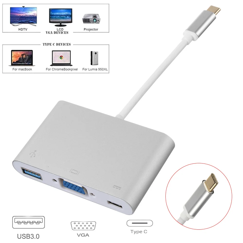 

1Pcs 3 in 1 Hub USB 3.1 Type C to VGA USB 3.0 USB-C Multiport Adapter Converter Cable for Macbook Durable