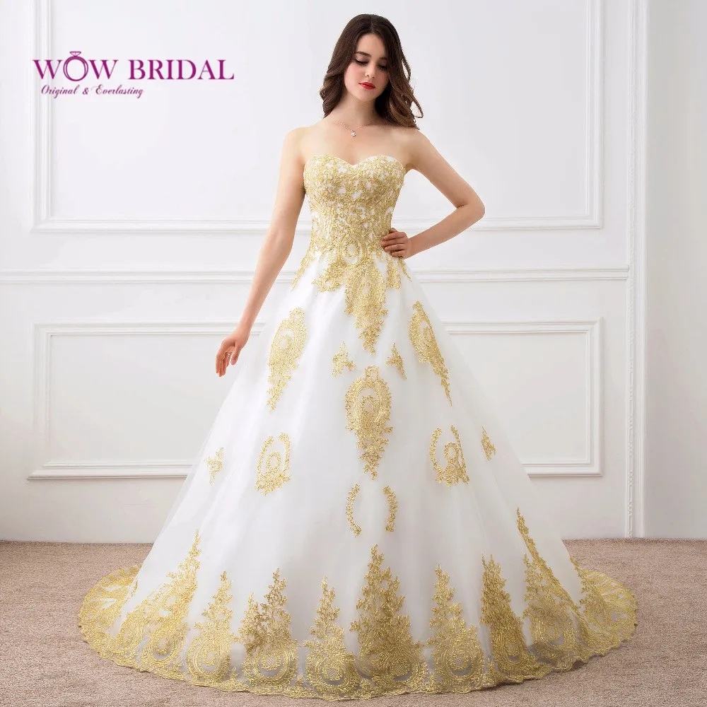 Wowbridal Wedding Dress Embroidery Gold with white Sweetheart vestido